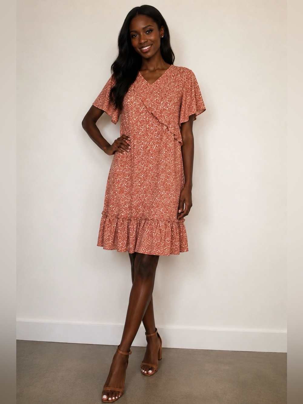 Dusty Pink Floral Ruffle V-Neck Dress